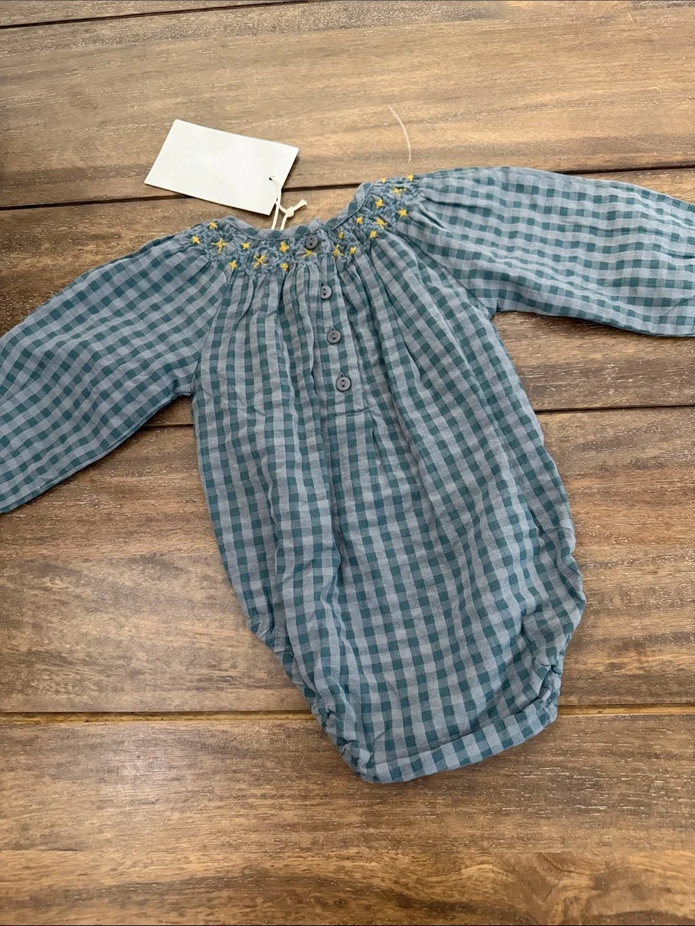 Zara Blue Gingham Long-Sleeve Smocked Bodysuit with Yellow Embroidery